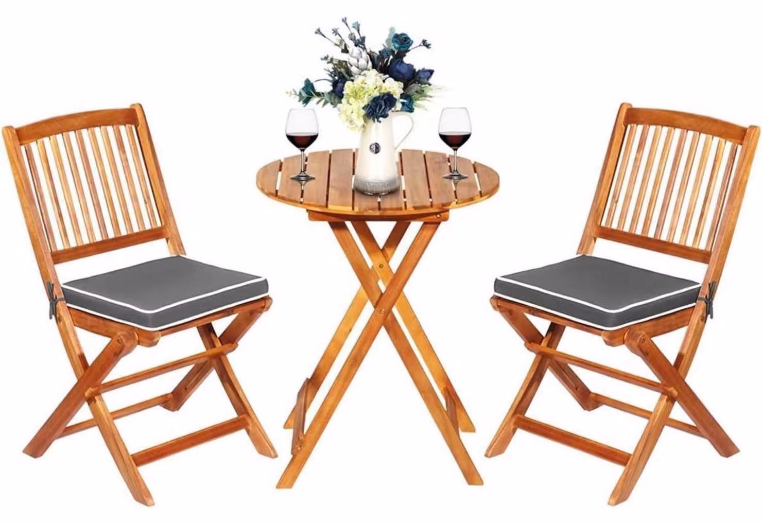 Set di mobili da giardino, 3 pezzi, in legno di acacia, pieghevoli: tavolo rotondo e 2 sedie, con cuscini grigi
