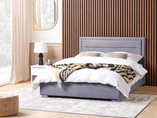 Letto matrimoniale Beliani in velluto grigio con contenitore e design moderno L/P/H: 214 x 188 x 180 cm