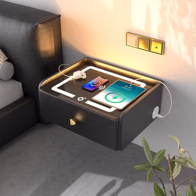 Comodino con funzione di ricarica e cassetto Nero