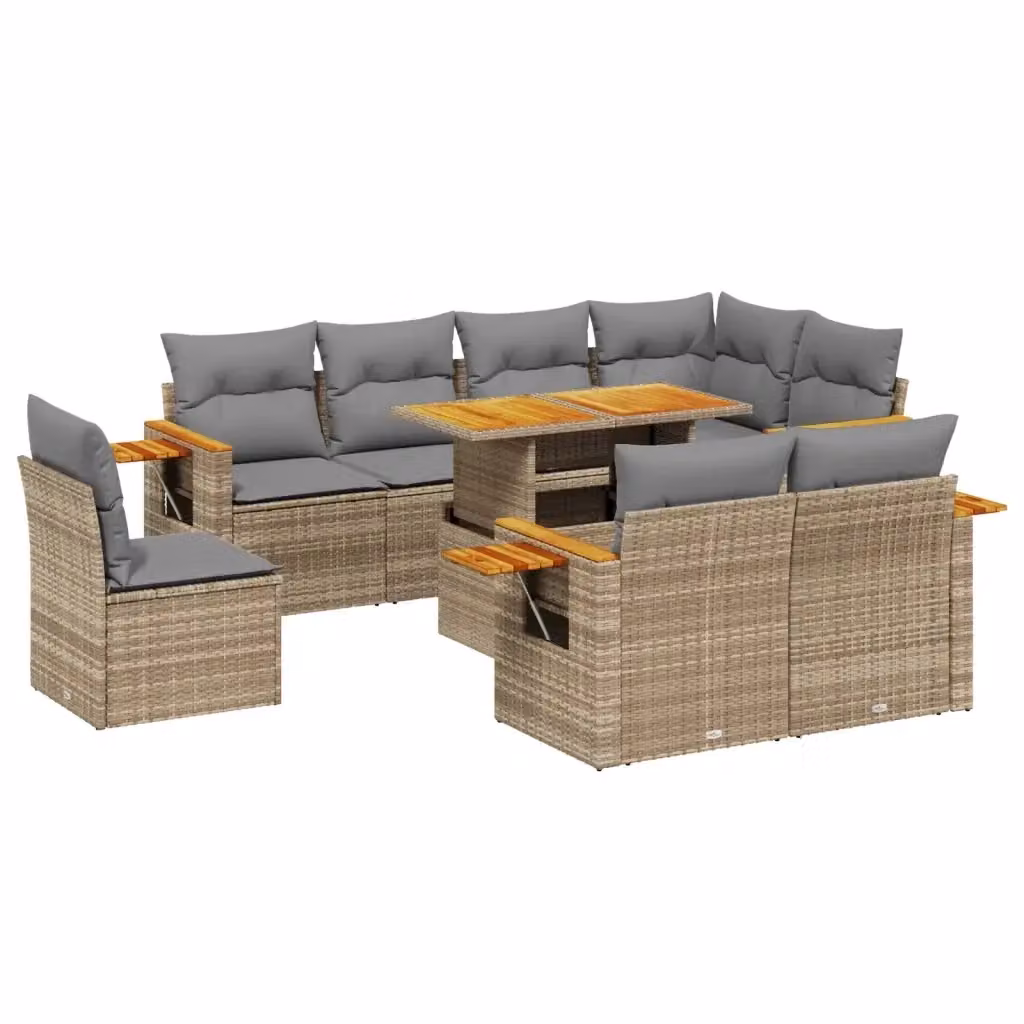 vidaXL Set Divano da Giardino 9 pz in Polyrattan Beige con Cuscini e Tavolino da Caffè – 2