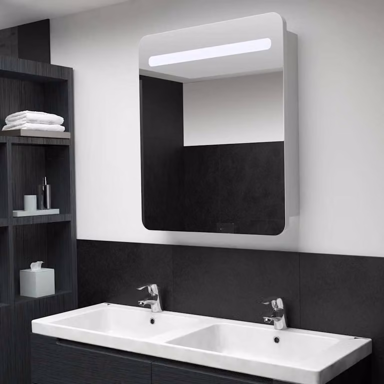 Armadietto da bagno con specchio e illuminazione LED vidaXL, bianco e argento, L: 68 cm, P: 9 cm, H: 80 cm