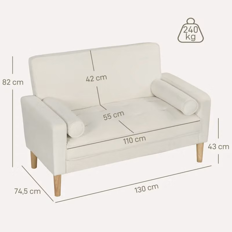 Divano a 2 posti MIVRAY in velluto bianco con imbottitura mista e gambe in legno L: 130 cm, P: 82 cm, H: 74,5 cm – 2