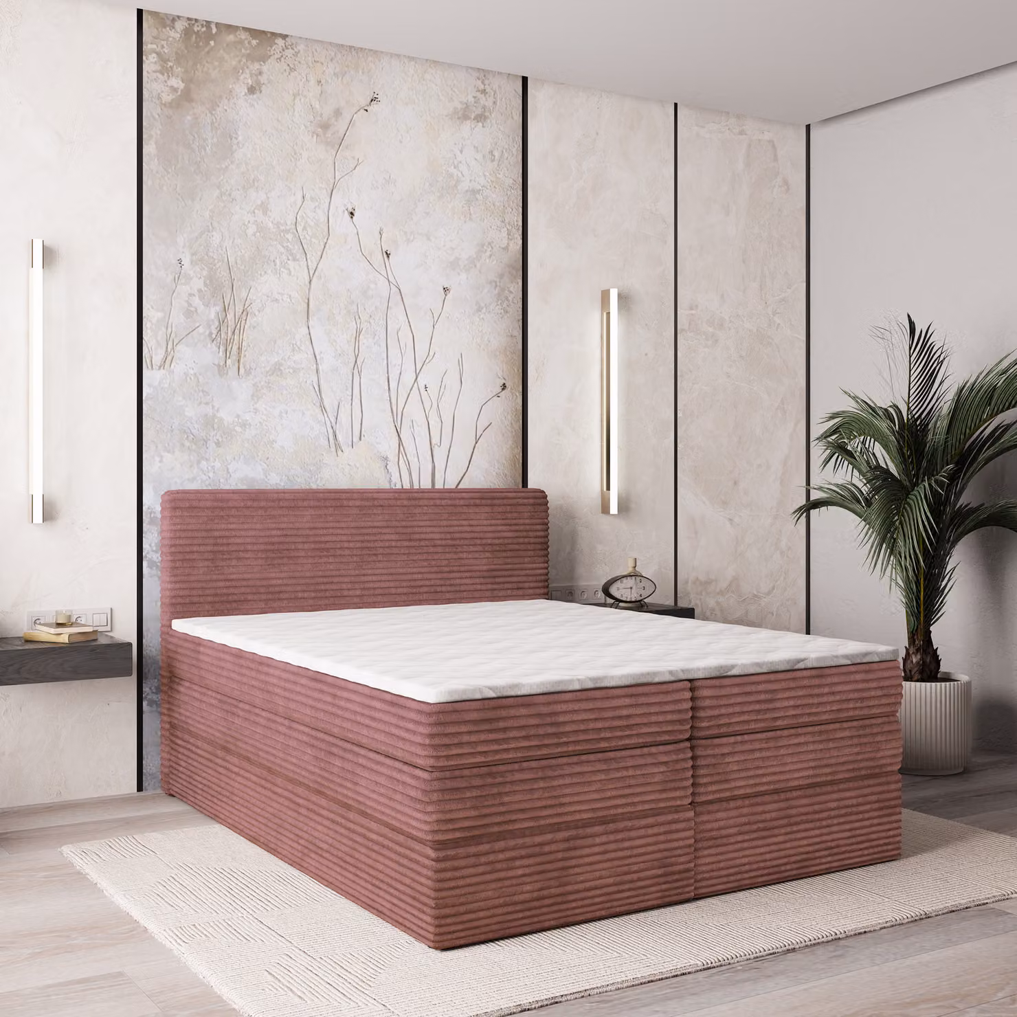 Letto a molle Masseno LUNERA 160x200 cm completo di materasso e topper Bonell, letto imbottito con cassettiera - rosa, TILIA 62