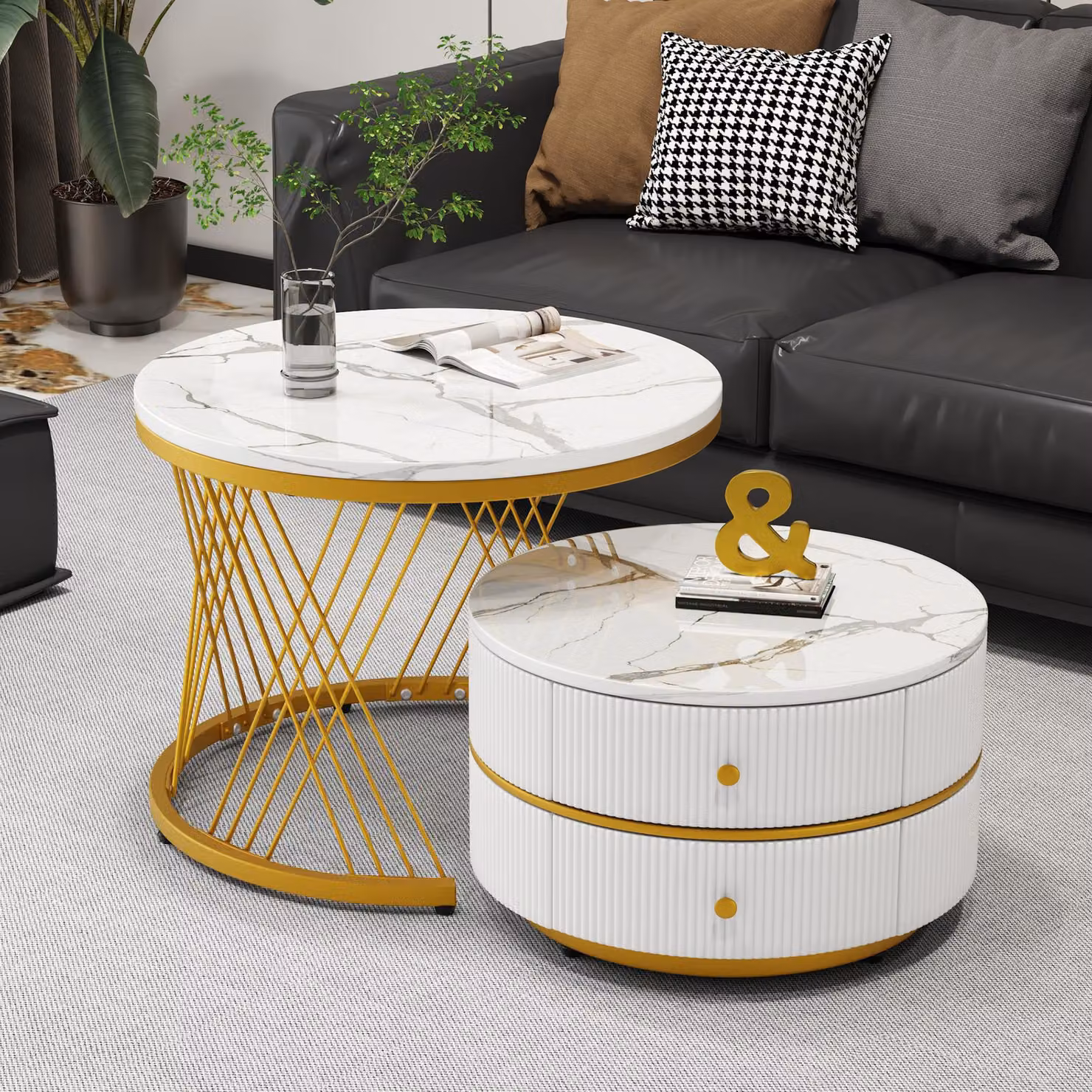 Tavolino da salotto componibile, composto da due elementi: uno di dimensioni 60x60x46 cm e uno di 50x50x30,8 cm. Realizzato in MDF al 100%, con finitura bianca e forma rotonda a nido d'ape, dotato di 2 cassetti