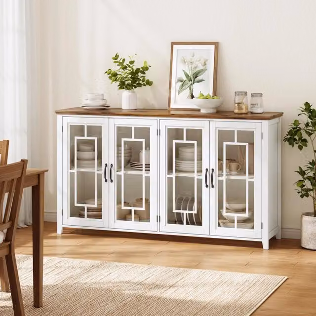Credenza da cucina 160 cm con ante in vetro, ampio vano portaoggetti, piano d'appoggio effetto legno e sicurezza anti-ribaltamento. Moderna, per cucina, sala da pranzo e soggiorno