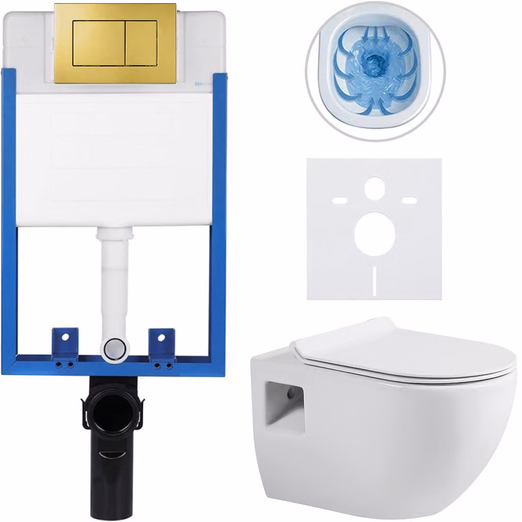 Set completo per WC da incasso, modello Lite/Dure, colore bianco lucido, pulsante per WC Classic, finitura dorata, da murare, dimensioni 51x35 cm