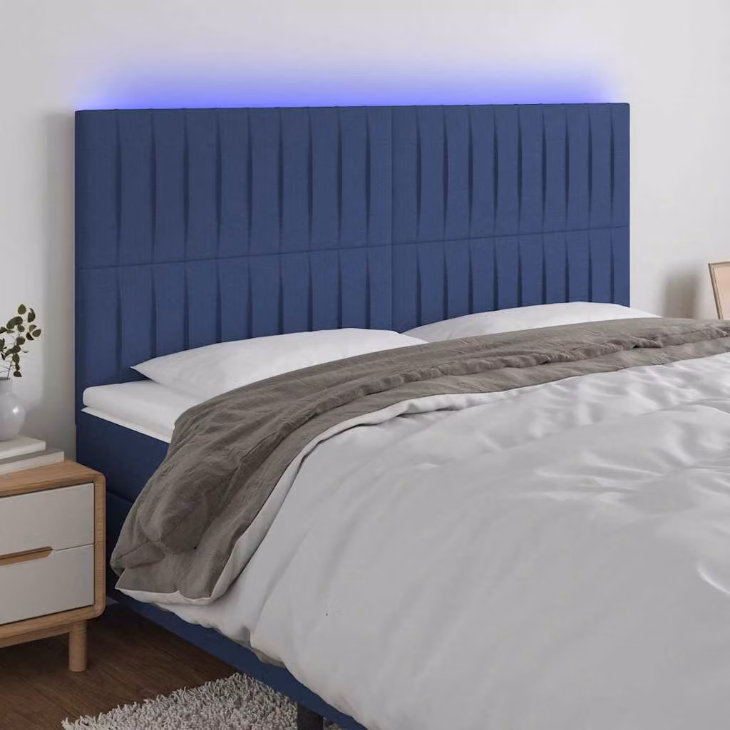 Testiera per letto vidaXL in tessuto blu con illuminazione LED integrata e porta di ricarica USB, L 180 cm x P 5 cm x H 118-128 cm