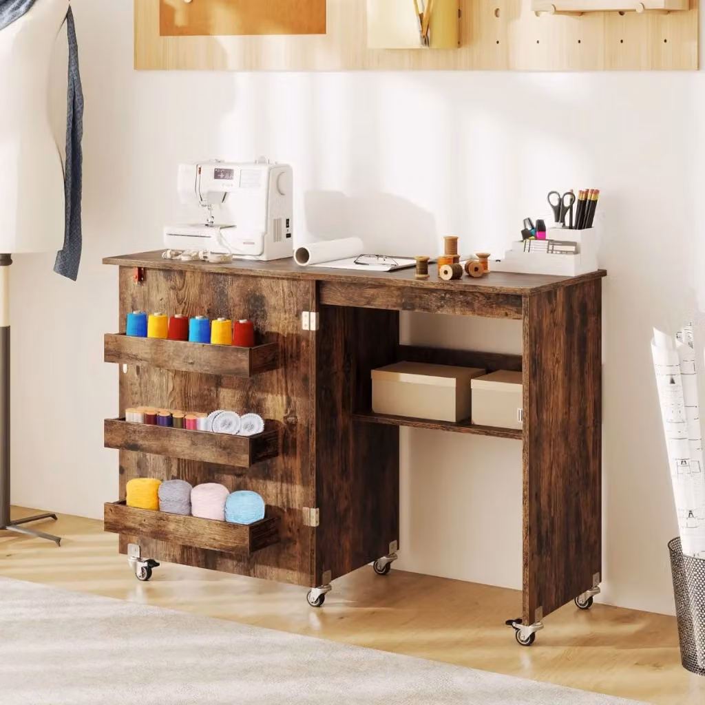Tavolo da cucito pieghevole Design Mania con ripiano e contenitori, Marrone, L: 118.5 cm, P: 40.0 cm, H: 79.5 cm – 2