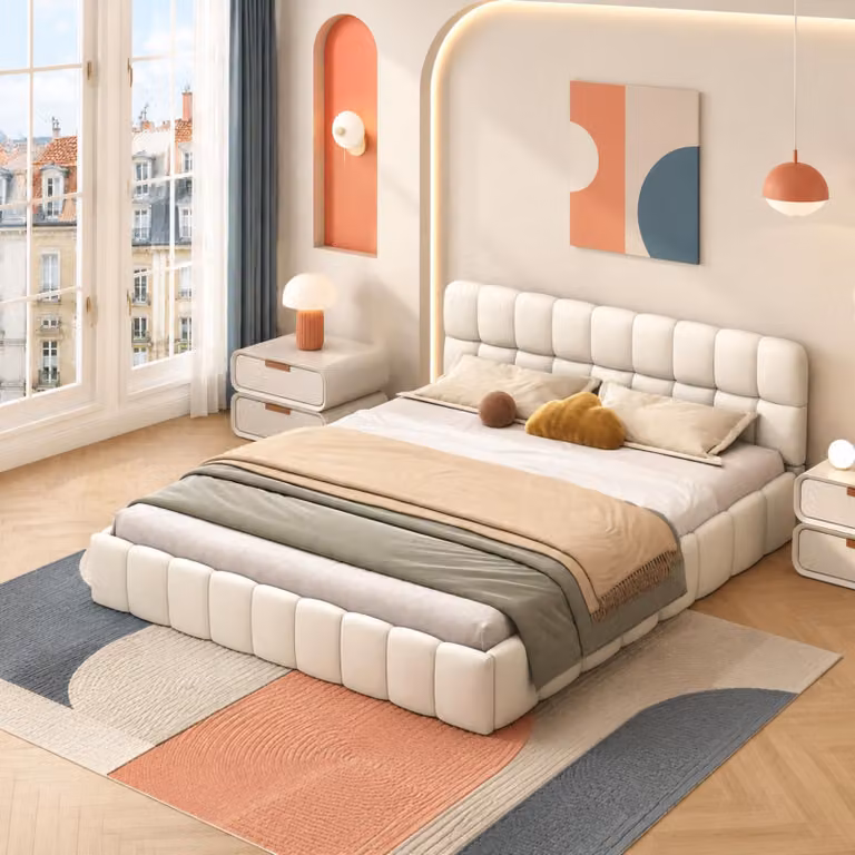 Letto imbottito matrimoniale INONEFT, 140x190 cm, modello a terra, design "bubble", ideale per ragazzi, con testiera imbottita, struttura a telaio con rete a doghe, colore beige