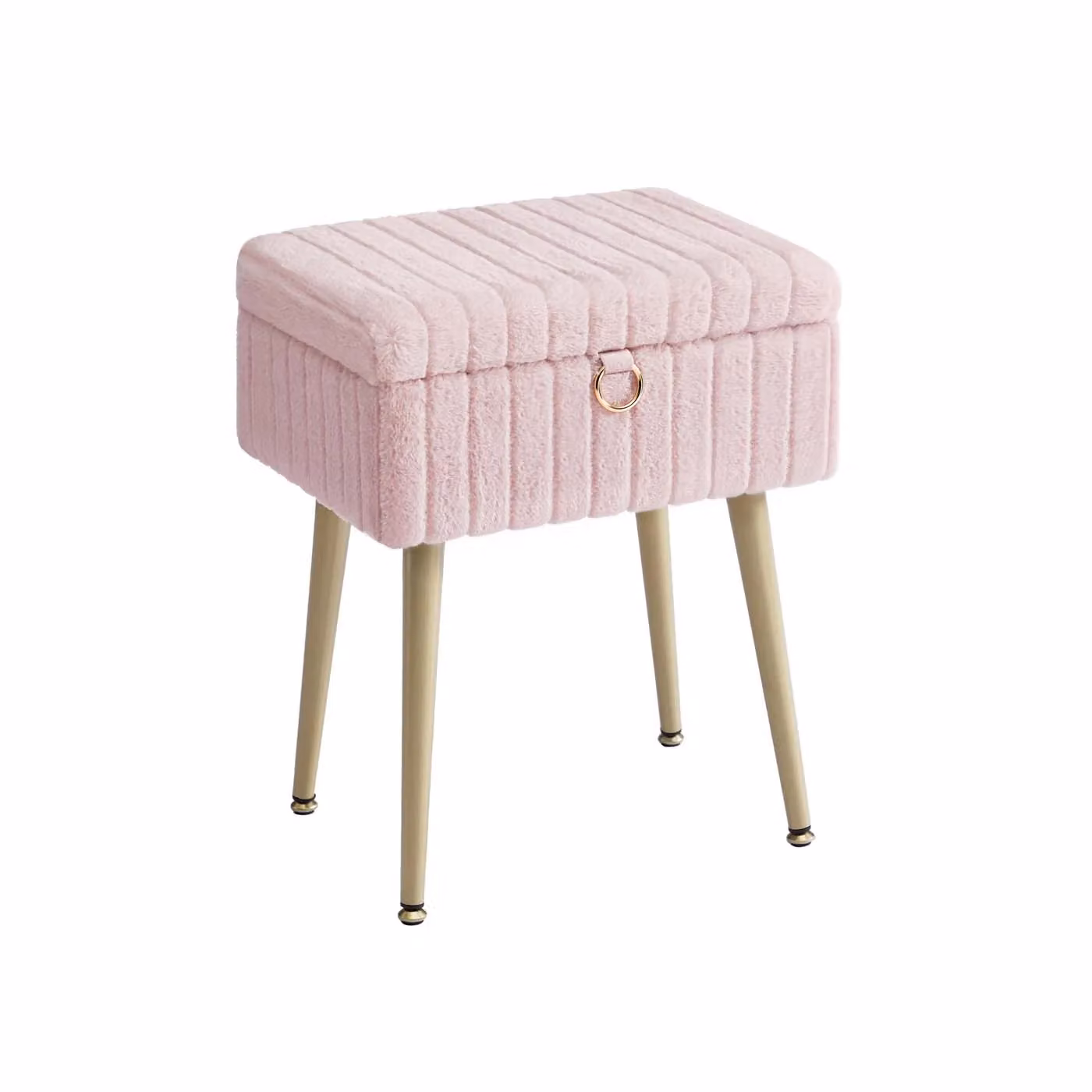 Sgabello da trucco imbottito con contenitore e gambe in metallo, Rosa Pastello