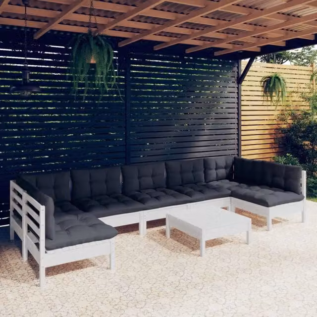 Set Divani da Giardino 8 pz con Cuscini Bianchi Legno di Pino 3097170