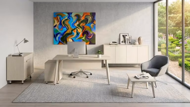 Set moderno per ufficio, composto da scrivania, mobile contenitore e tavolo, con design elegante