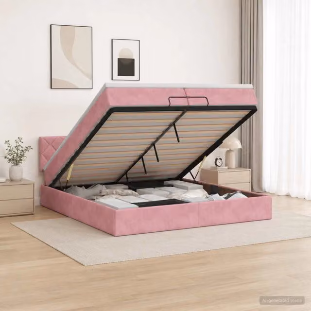 Letto ottomano con base a sollevamento vidaXL in velluto rosa e bianco L 200 cm x P 200 cm x H 140 cm