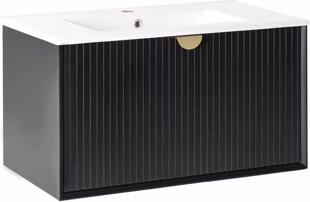 Mobiletto da parete con lavabo in legno massiccio per bagno 80 cm Nero stile moderno