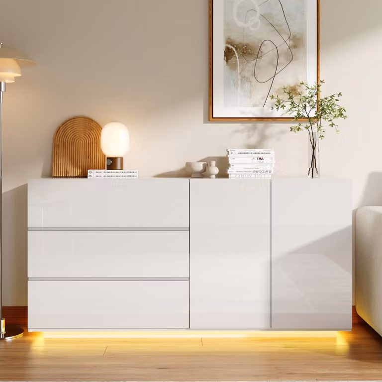 Mobile bar UnboxG, bianco lucido, 160x35x76 cm, senza maniglie, con 3 cassetti e 2 ante, illuminazione LED con telecomando, moderno