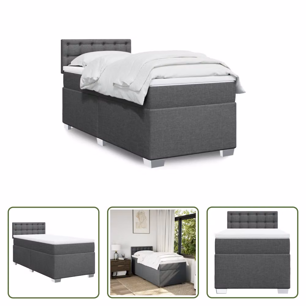 The Living Store Letto a molle con materasso grigio scuro 100x200 cm in tessuto