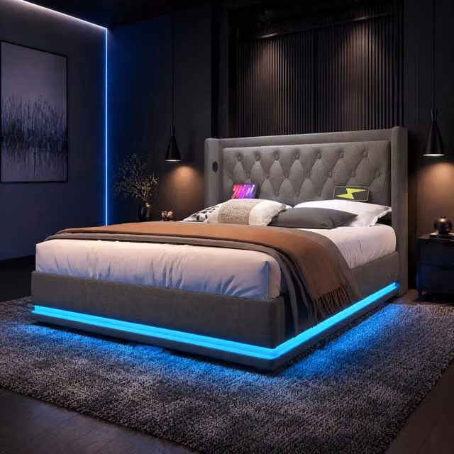 Letto contenitore imbottito ULEVR 160x200 cm con sollevamento idraulico, LED su 3 lati, USB e Type-C, grigio