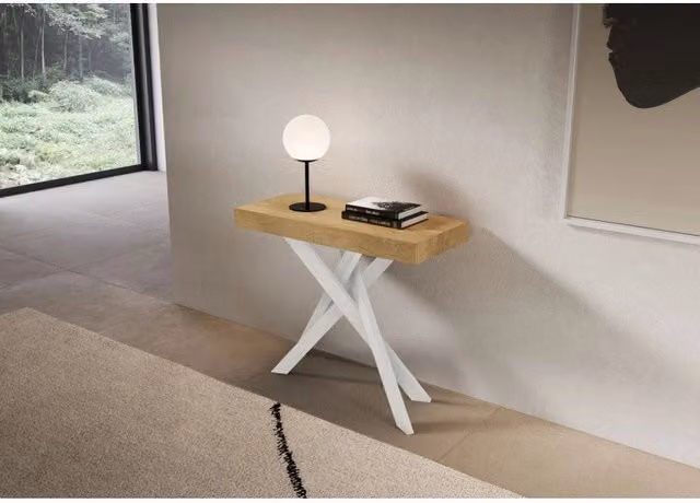 Consolle allungabile Saki ITAMOBY con telaio a X, colore Quercia Natura e Bianco, L/P/H: 90 x 40/300 x 77 cm