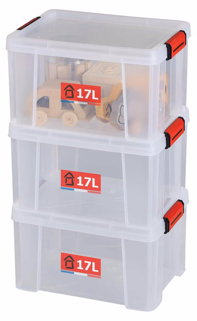 SUNDIS Clip'N Store, set di 3 contenitori per alimenti da 17 litri con coperchio a scatto, trasparenti