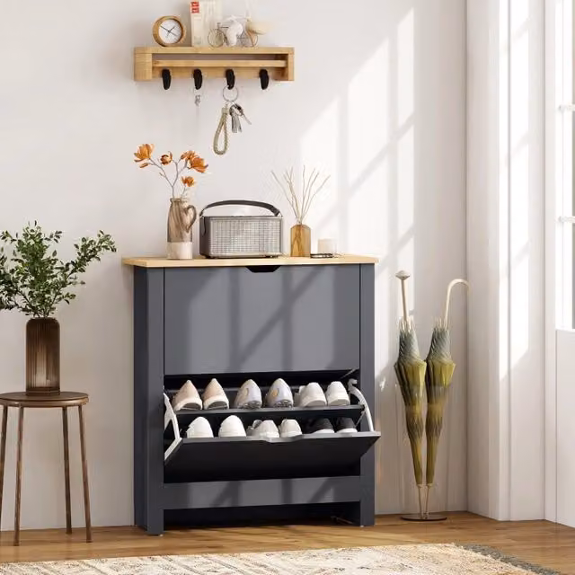 Desviae Scarpiera con 2 ante a ribalta e ripiano superiore, sistema antiribaltamento, legno grigio scuro 72 × 26 × 80 cm