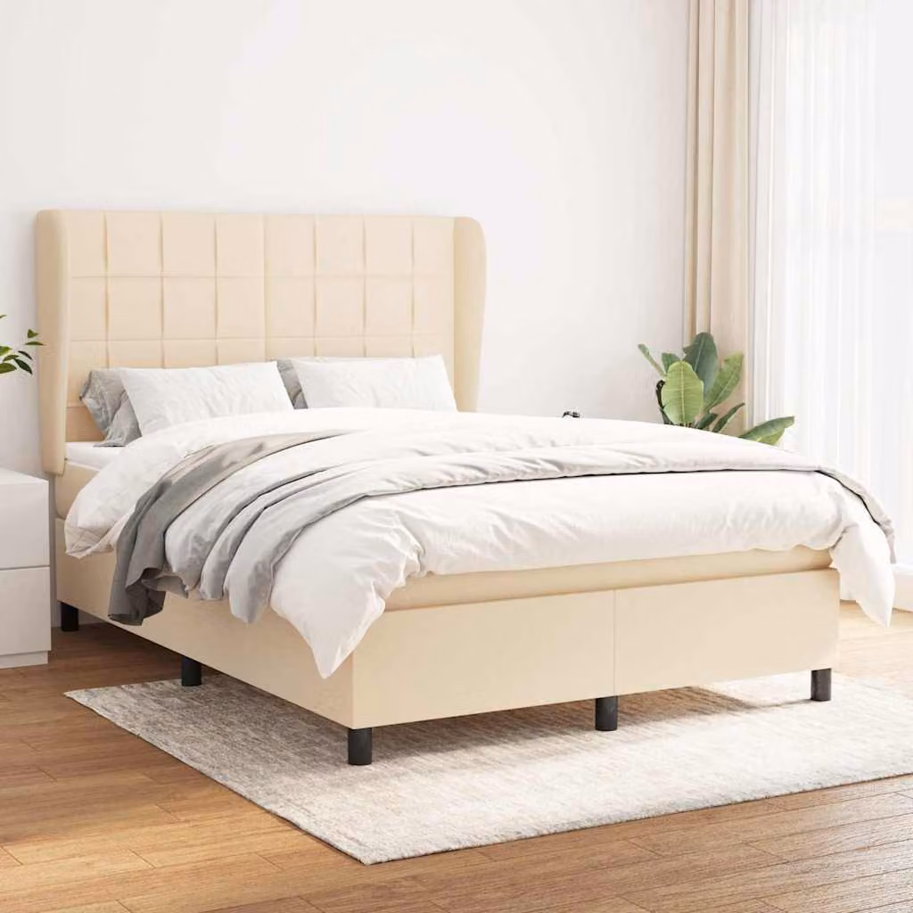 vidaXL Letto Ibrido con Giroletto a Molle e Materasso in Tessuto Beige e Bianco, L/P/H: 147 x 203 x 128 cm