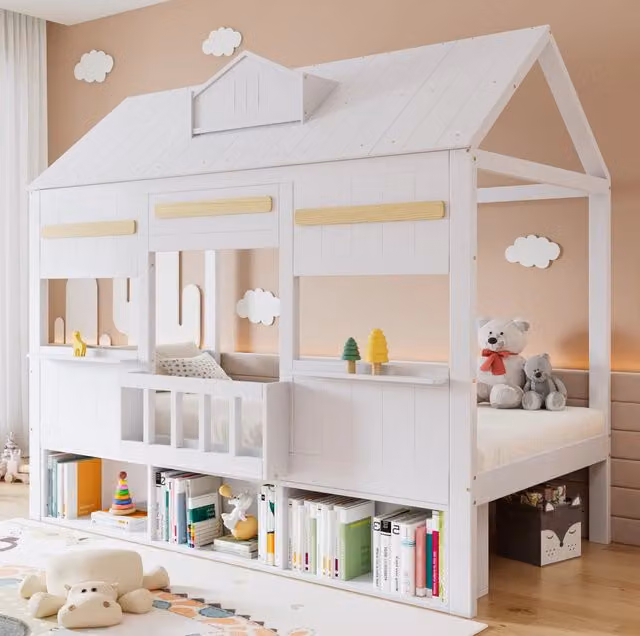 Letto a soppalco 90x200 cm bianco in pino e MDF, libreria integrata, senza materasso