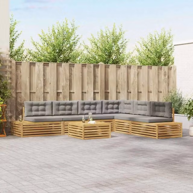 Set da giardino componibile a forma di L vidaXL in legno di acacia con divani da esterno, elemento angolare, tavolino da caffè e cuscini inclusi, grigio e bianco