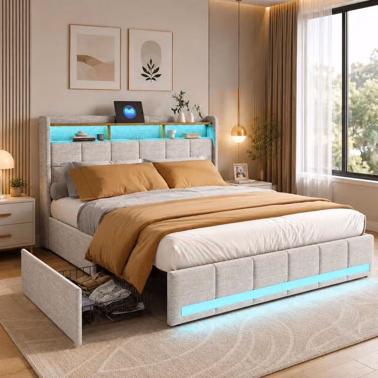 Letto imbottito INONEFT, 140x190 cm, con illuminazione LED e prese USB, letto singolo per ragazzi con 4 cassetti e 3 vani portaoggetti, tessuto in lino, color beige