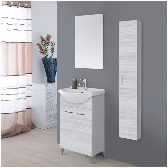 Composizione mobile bagno Feridras con lavabo e specchio, modello moderno a terra con 2 ante, Grigio e Bianco, L: 56 cm, P: 44,5 cm, H: 87 cm