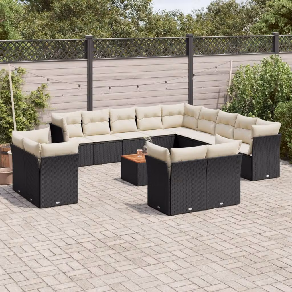 Set di Divani da Giardino a L vidaXL con Cuscini e Tavolino da Esterno in Polyrattan e Legno di Acacia Nero – 1