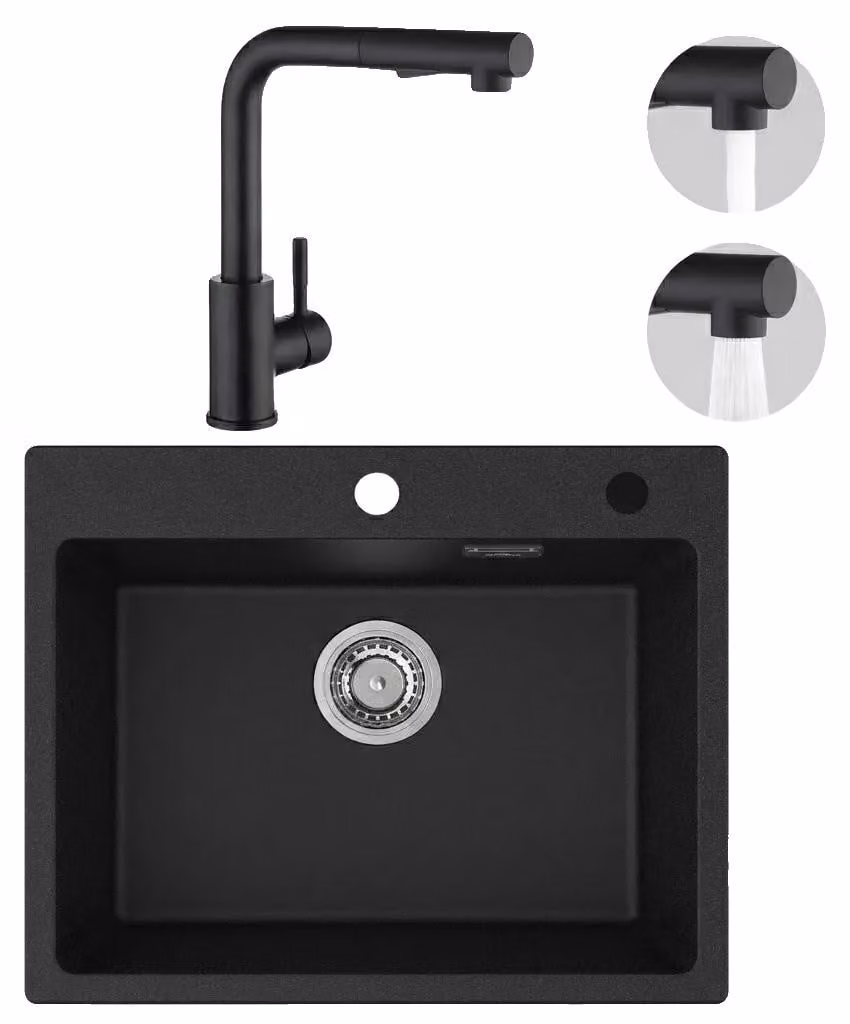Lavello da cucina in quarzo, 55 x 45 cm, con un solo vano, forma rettangolare, miscelatore estraibile e girevole a 360°, scarico con sistema anti-odore