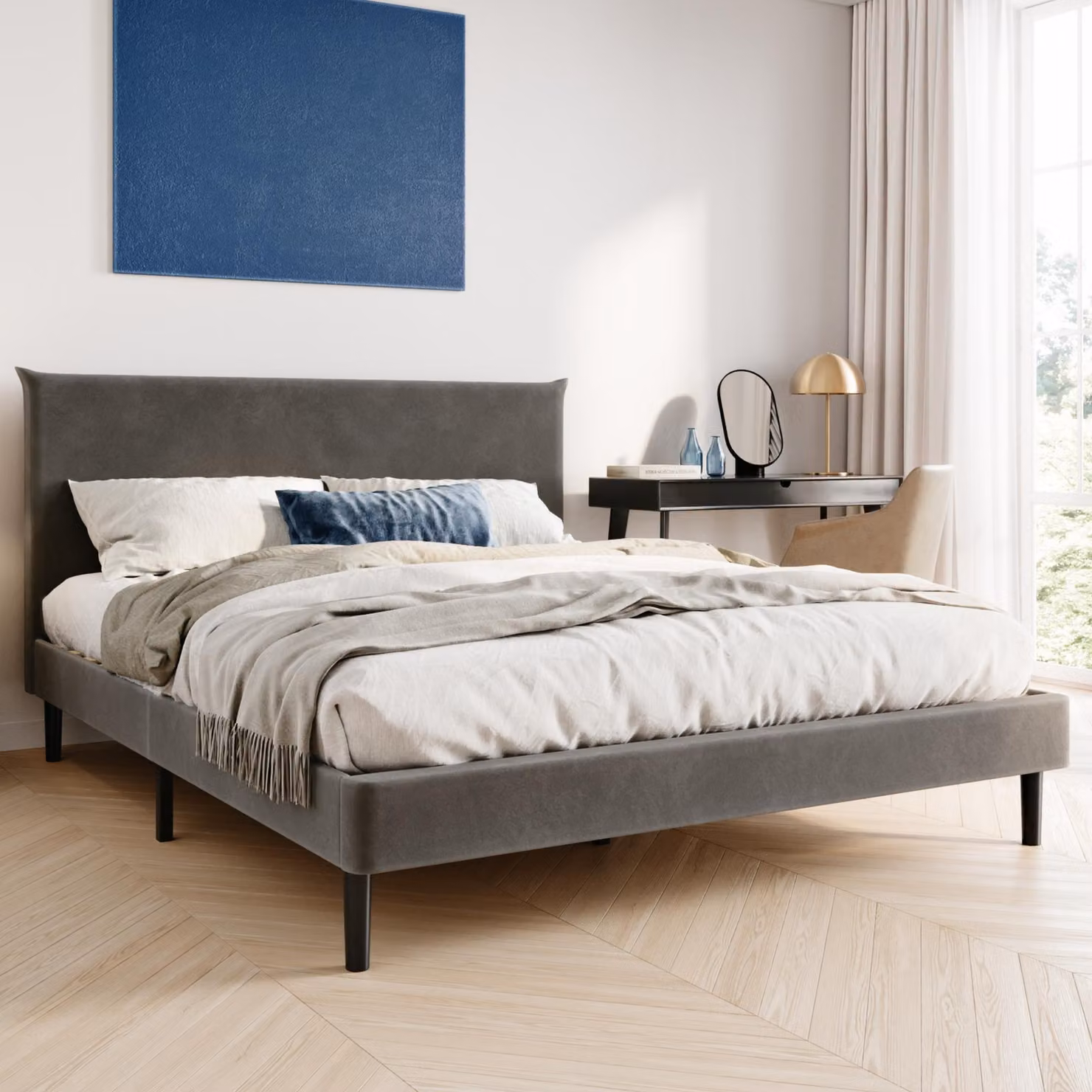 Letto con rete a doghe, letto imbottito, struttura letto 160x200 cm, grigio, rivestimento in velluto