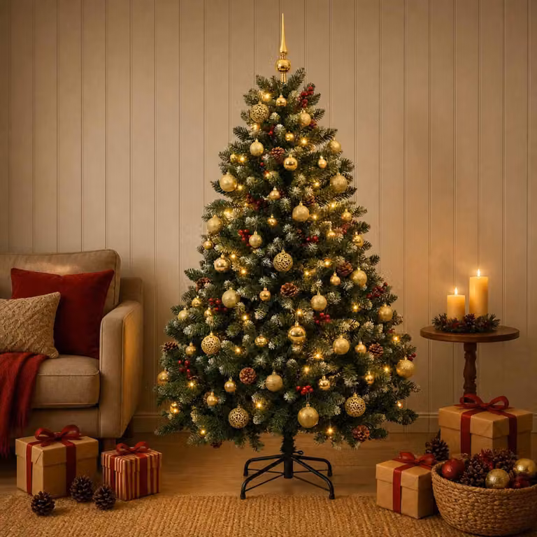 Albero di Natale artificiale, verde, con decorazioni a forma di pallina, altezza 150 cm