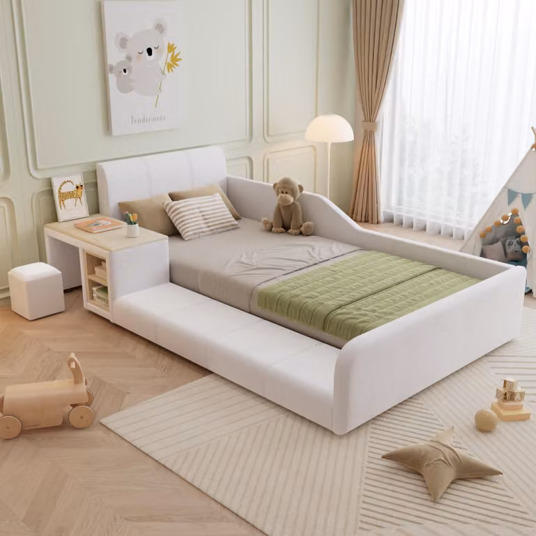 Letto imbottito Merax 90x200 con scrivania e sgabello, letto per bambini con testata in morbido velluto, letto singolo con ripiano e robuste doghe in legno, bianco