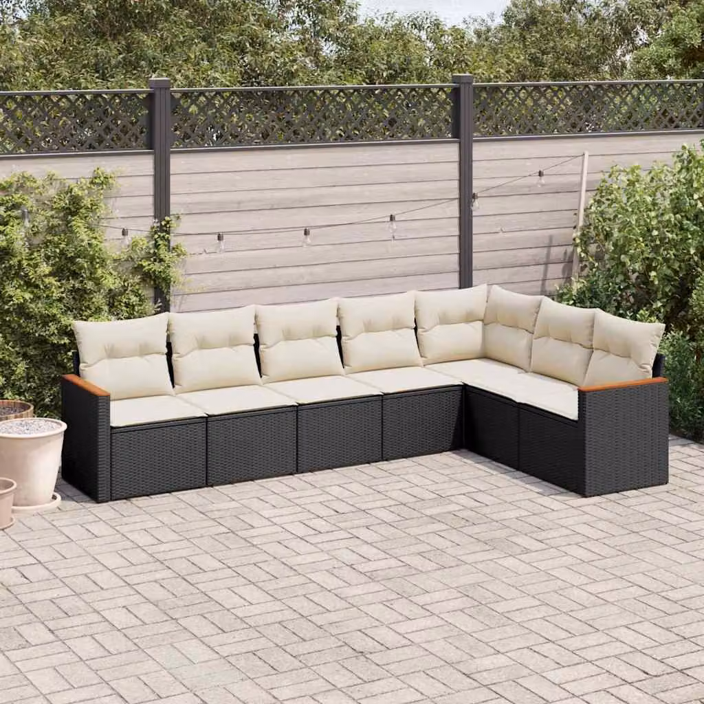 vidaXL Set Divani da Giardino a L con Cuscini 7pz in Polyrattan Nero e Bianco – 1