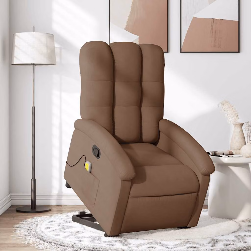vidaXL Poltrona Alzapersona Massaggiante Reclinabile in Tessuto Marrone con Assistenza Elettrica per Senior – 1