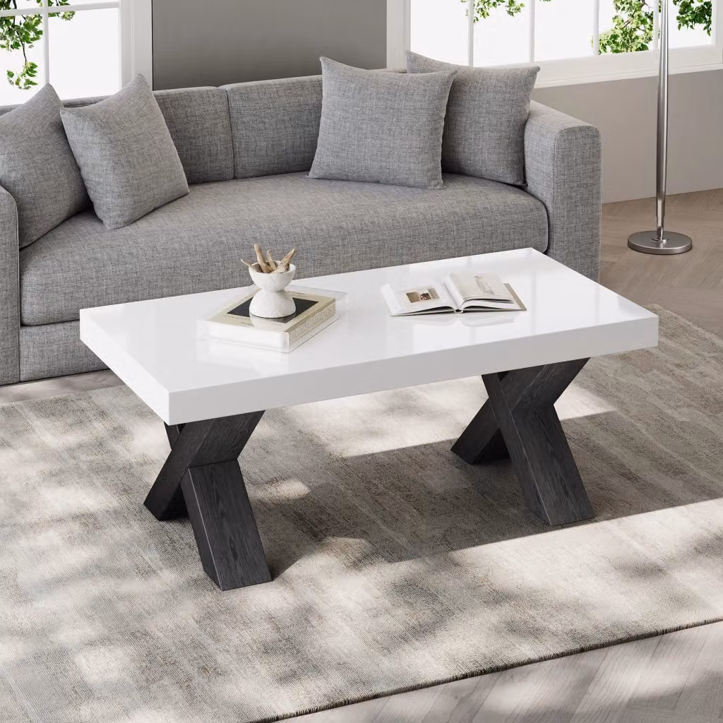 Tavolino da salotto rettangolare WISHDOR in MDF bianco lucido e nero con design moderno e gambe a X, L/P/H: 100 x 50 x 40 cm – 2
