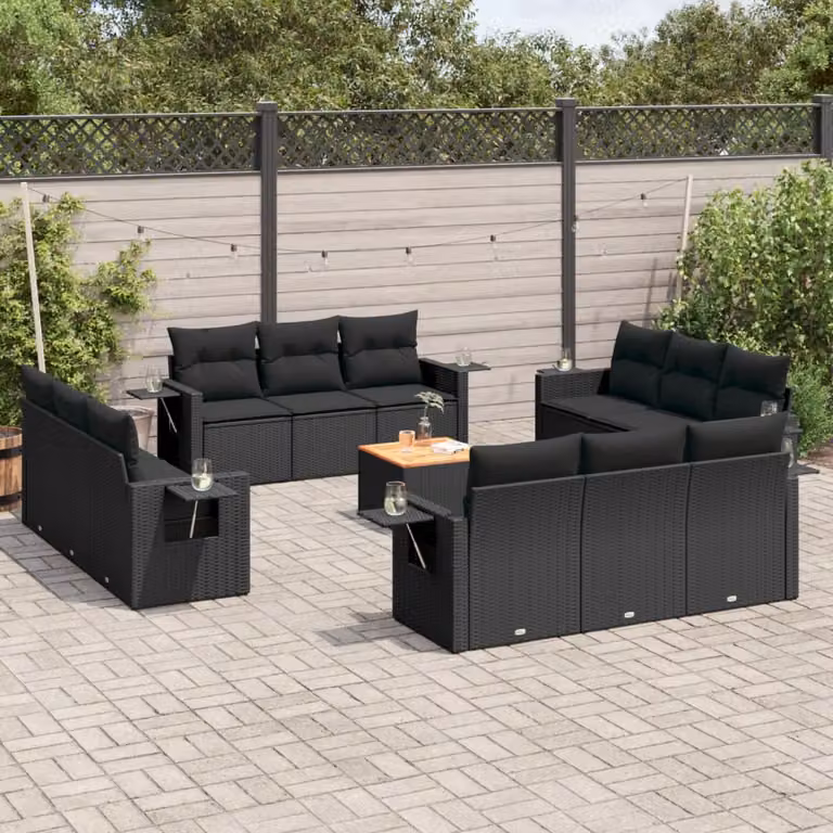 Set di divani da giardino vidaXL in polyrattan nero con cuscini e tavolino da esterno a forma di U