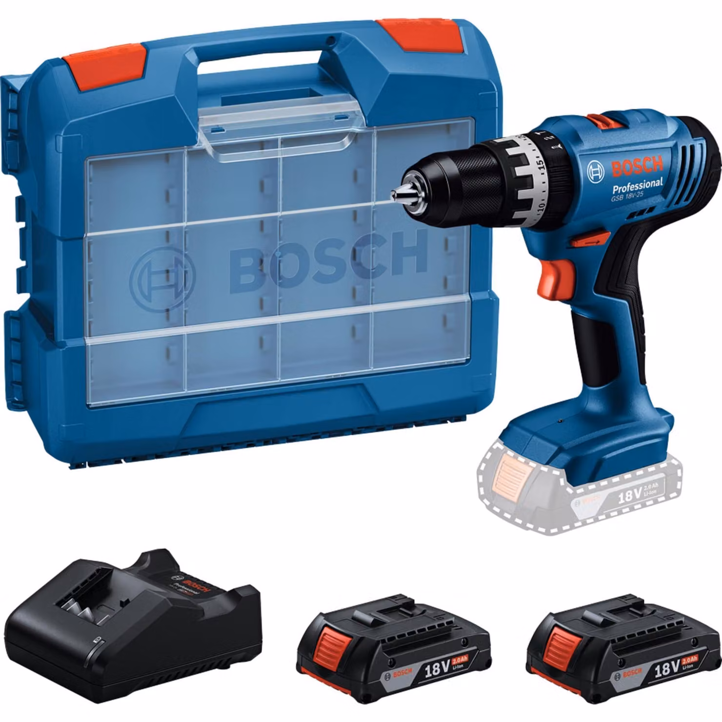BOSCH PROFESSIONAL Cordless Impact Drill - GSB 18V-25 - 2 x GBA 2.0Ah Batteries + GAL 18V-20 Charger + 63 Accessories