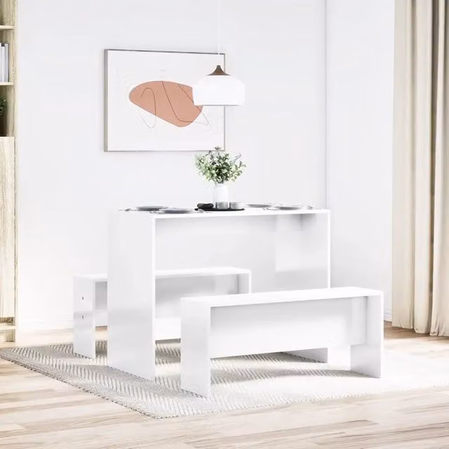 Set da pranzo vidaXL composto da tavolo rettangolare e 2 panche in MDF bianco lucido