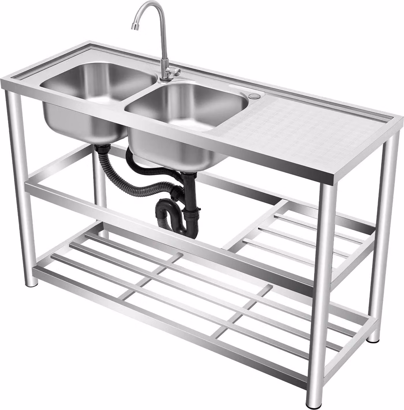 Lavello da cucina - Doppia vasca in acciaio inossidabile, 120 cm - Con rubinetto - Realizzazione rinforzata - Capacità di carico 100 kg - Scarico anti-odore - Argento