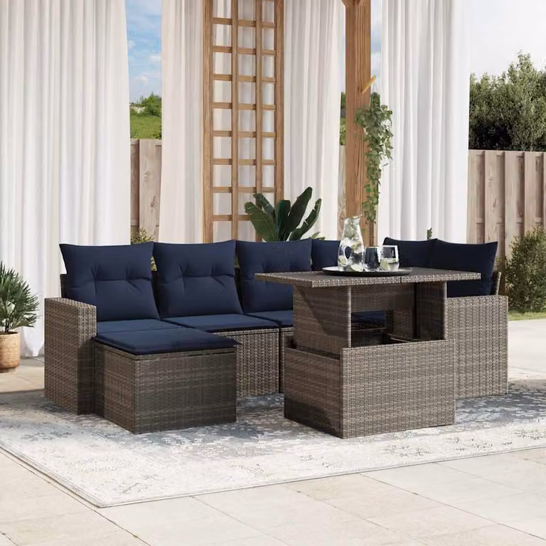 Set da giardino vidaXL in polyrattan grigio composto da 7 pezzi con cuscini e tavolino da esterno