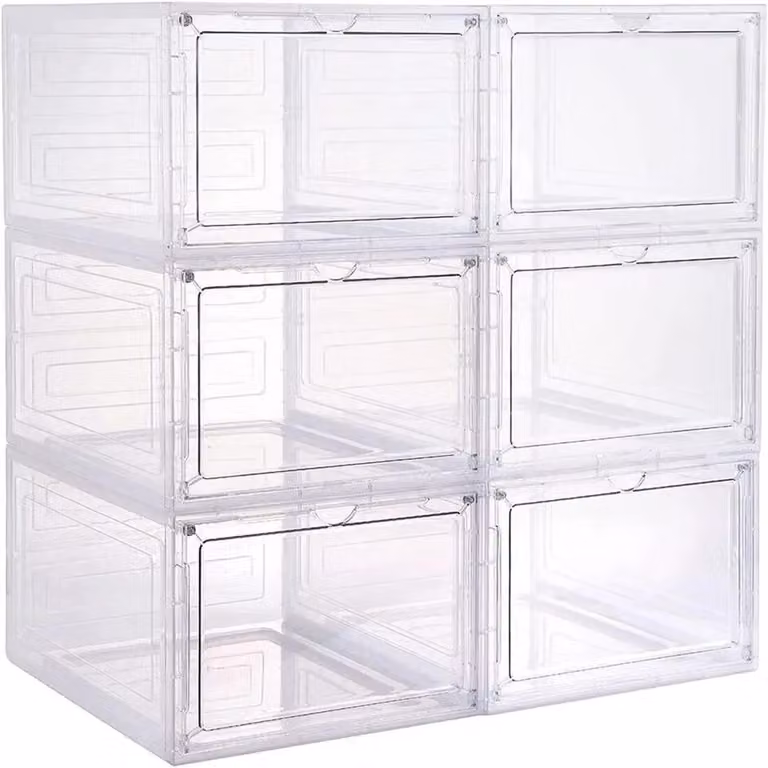 Contenitori per scarpe - Scatole impilabili per scarpe - Confezione da 6 - Acrilico trasparente - Struttura in plastica - Porta in legno - Design salvaspazio