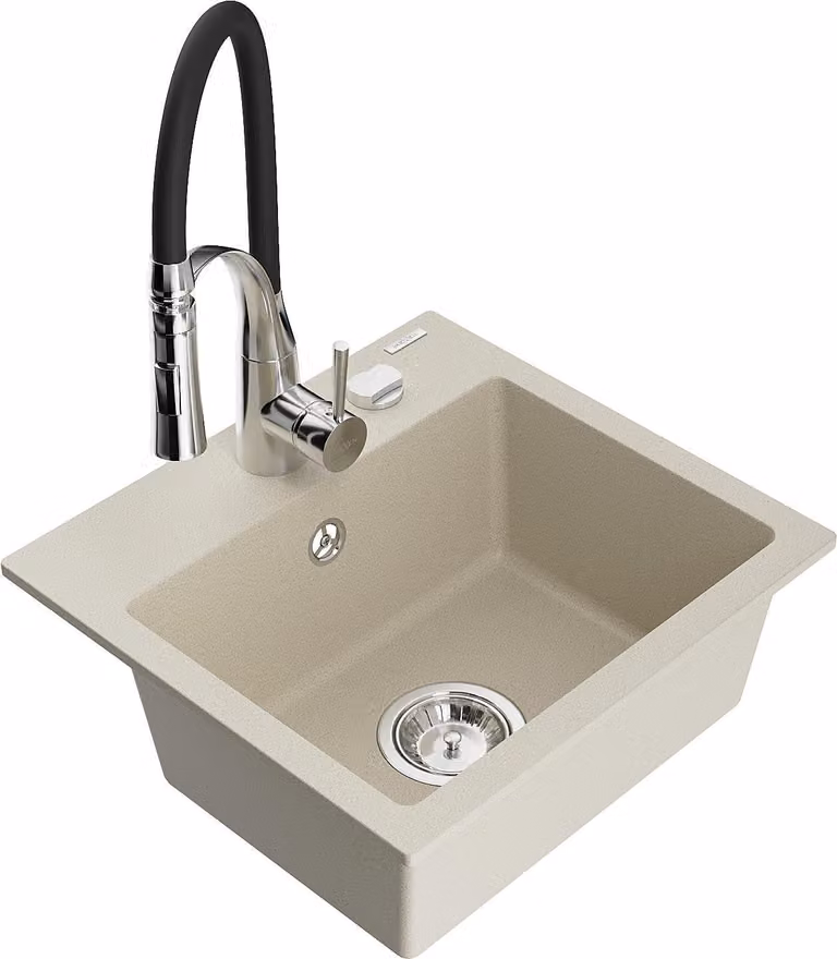 Mexen Milo lavello in granito a 1 vasca con rubinetto da cucina Aster, beige - 6505-69-73450-07