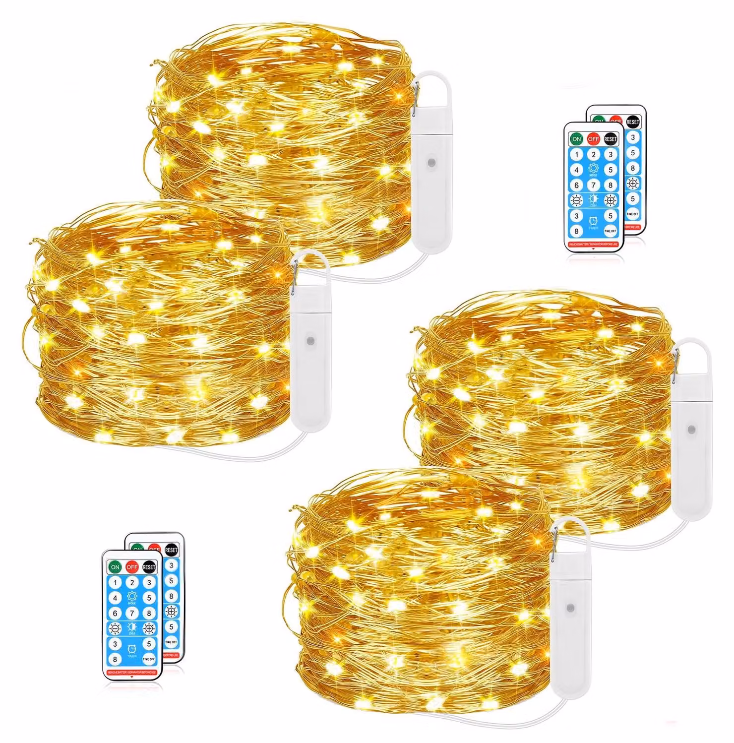 Catena luminosa a LED, 10 metri, 100 LED bianco caldo, alimentazione a batteria USB, telecomando