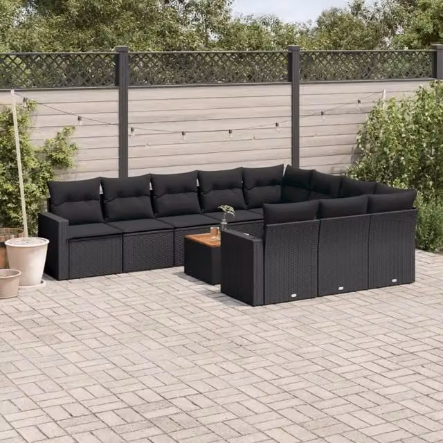 Set di Divani da Giardino Moderno VIDAXL in Polyrattan Nero con Cuscini, 11 Pezzi – 1