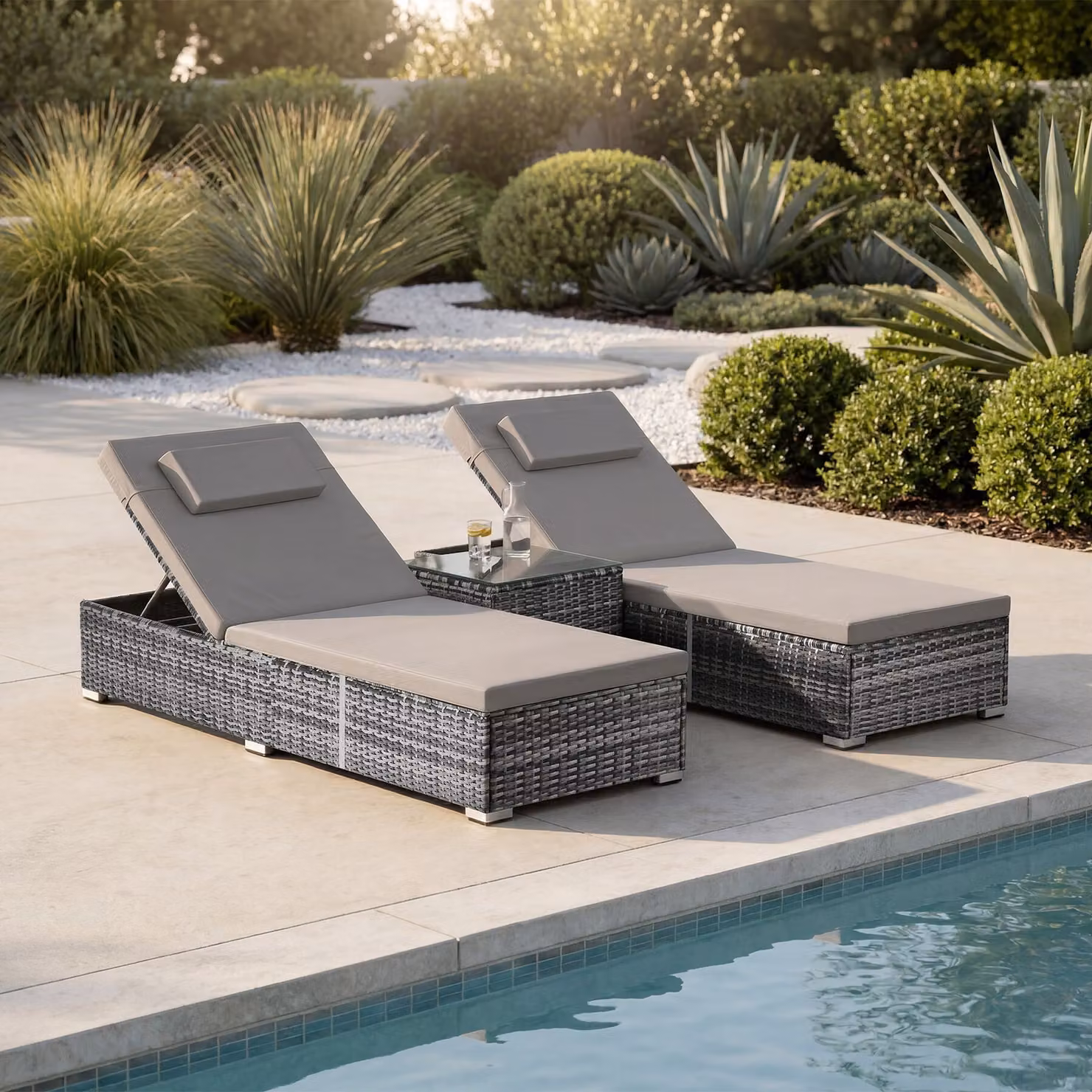 Lettino doppio in rattan TecTake con tavolino e schienale regolabile, grigio – 2