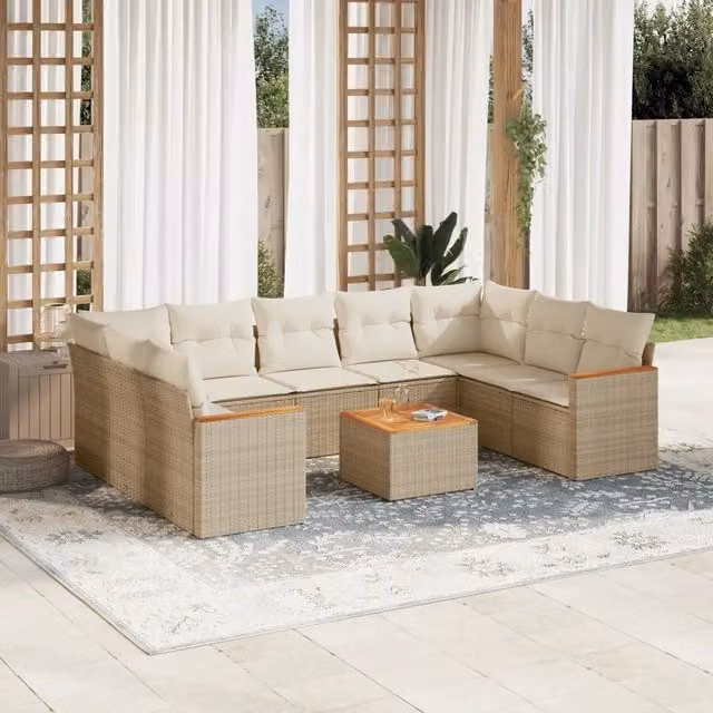 Set Divano da Giardino a L vidaXL in Polyrattan con Cuscini Beige e Tavolino da Esterno – 1