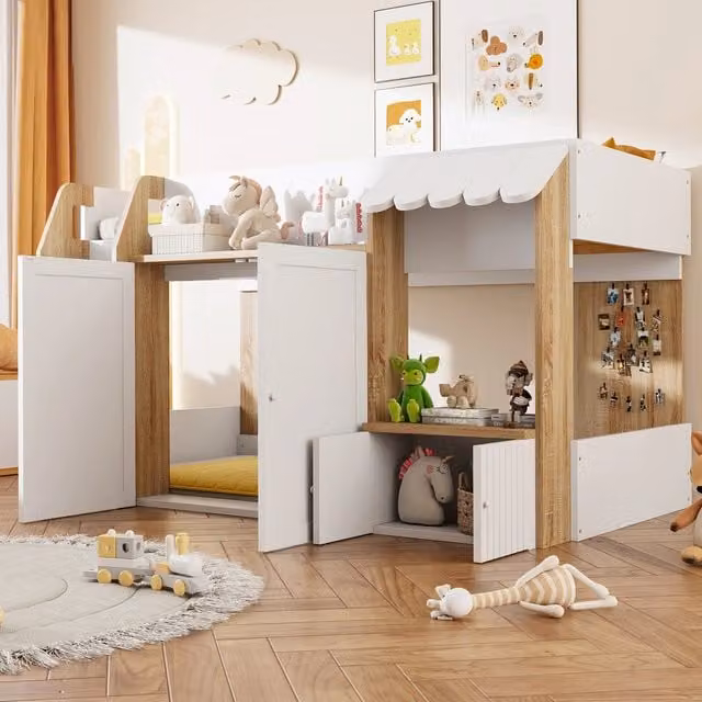 Letto a soppalco singolo Mivray in legno e MDF bianco con struttura a casetta e scala per cameretta dei bambini L/P/H: 206.6 x 90 x 120 cm