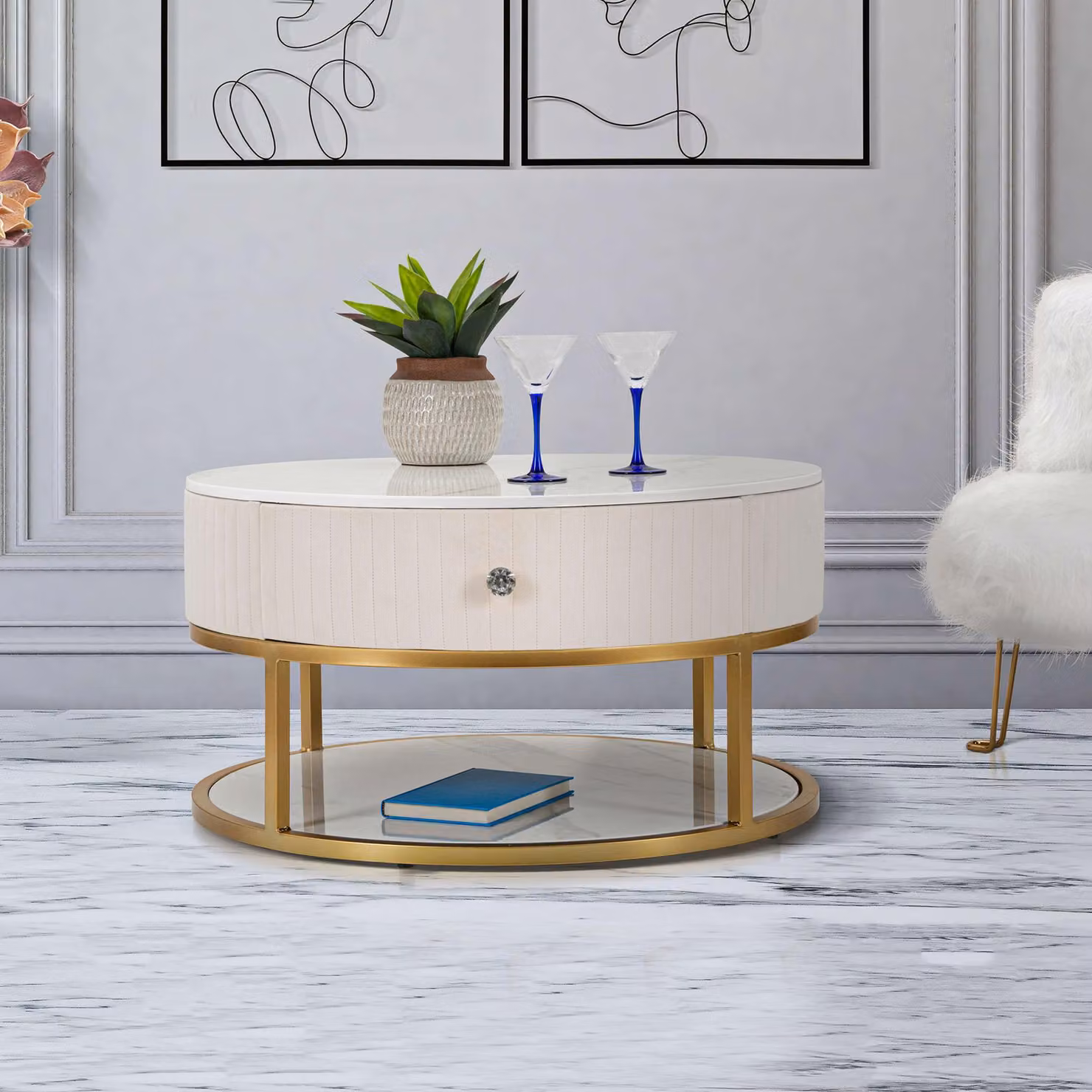 Dalasida - Tavolino da Salotto, 75x75x36h cm Bianco Crema, un Cassetto